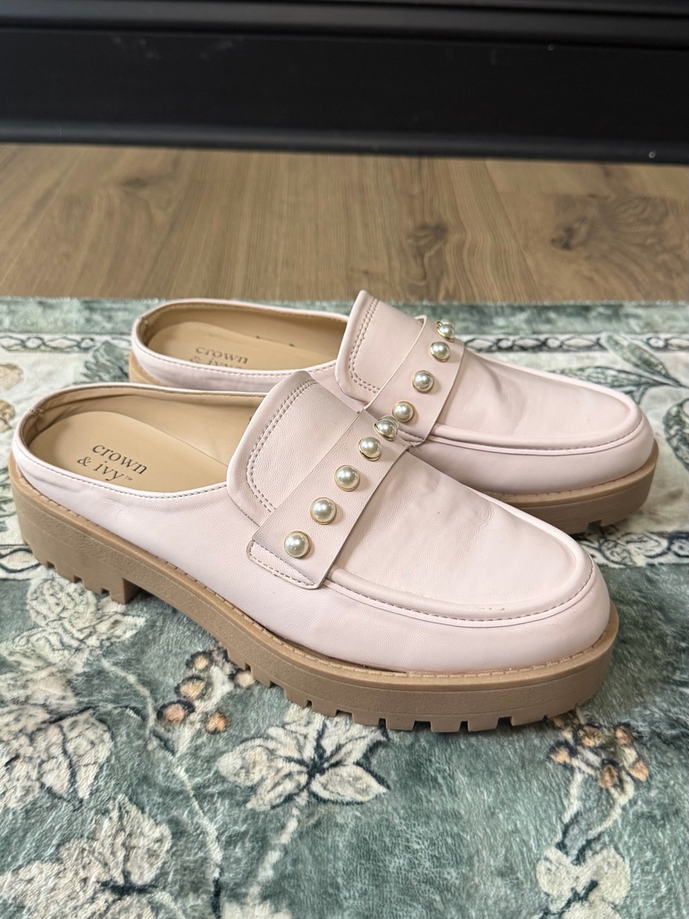 crown & ivy Blush Pink Pearl-Accent Mule Loafers